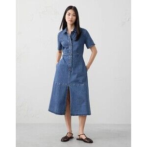 New Banana Republic Shirt Dress Denim Midi Button Front Fit Flare Short Sleeve